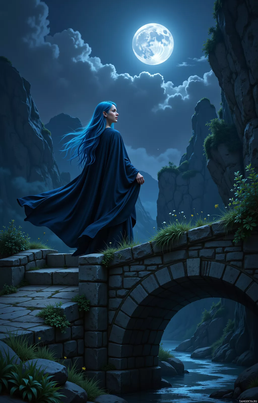 A woman in a flowing cloak stands on a stone bridge under a full moon, gazing into the distance.