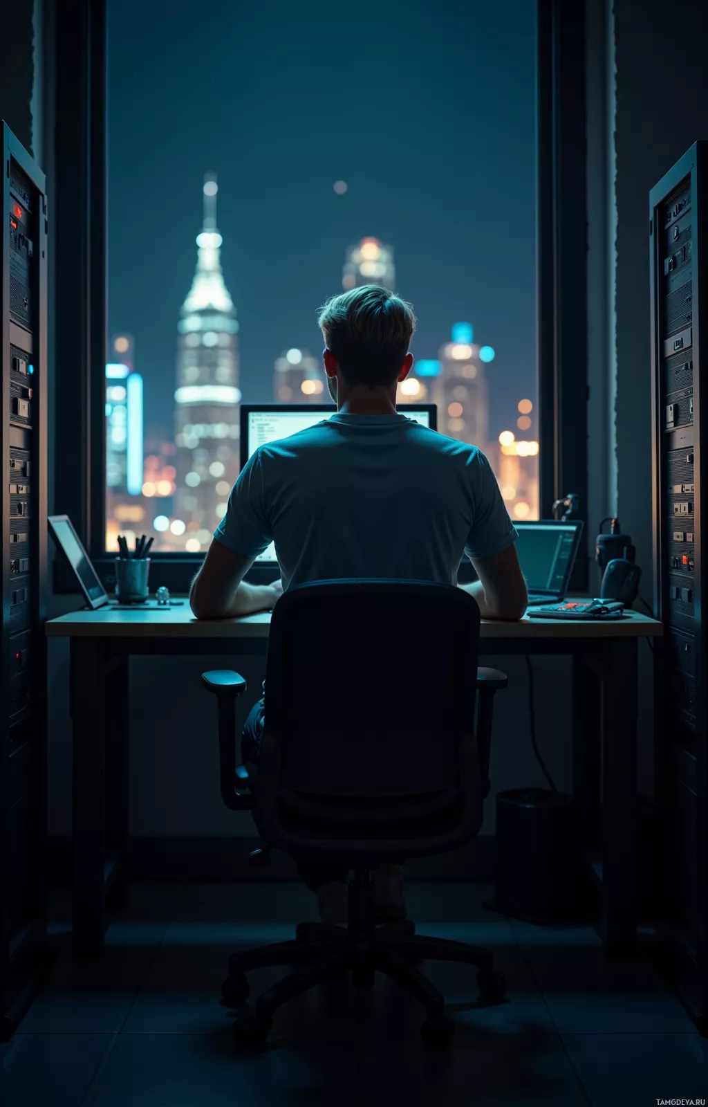 A person sits at a desk in a dimly lit room, facing a window with a cityscape view at night.