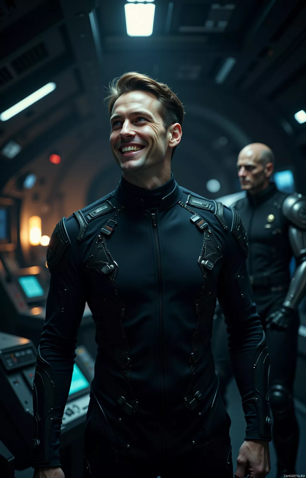 A man in a futuristic black uniform stands in a dimly lit, high-tech environment.