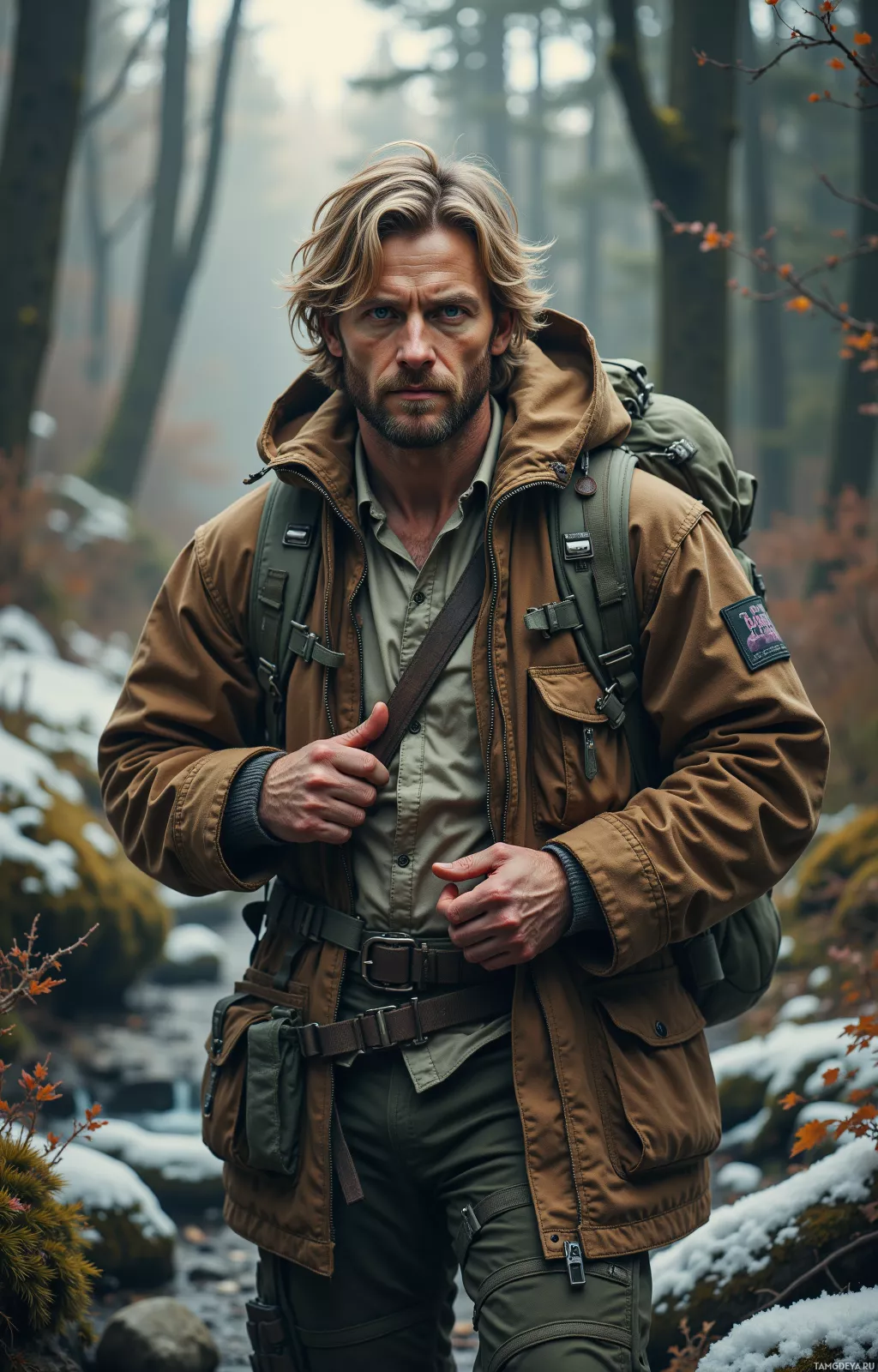 A man in outdoor gear stands in a forested area with a backpack and a serious expression.