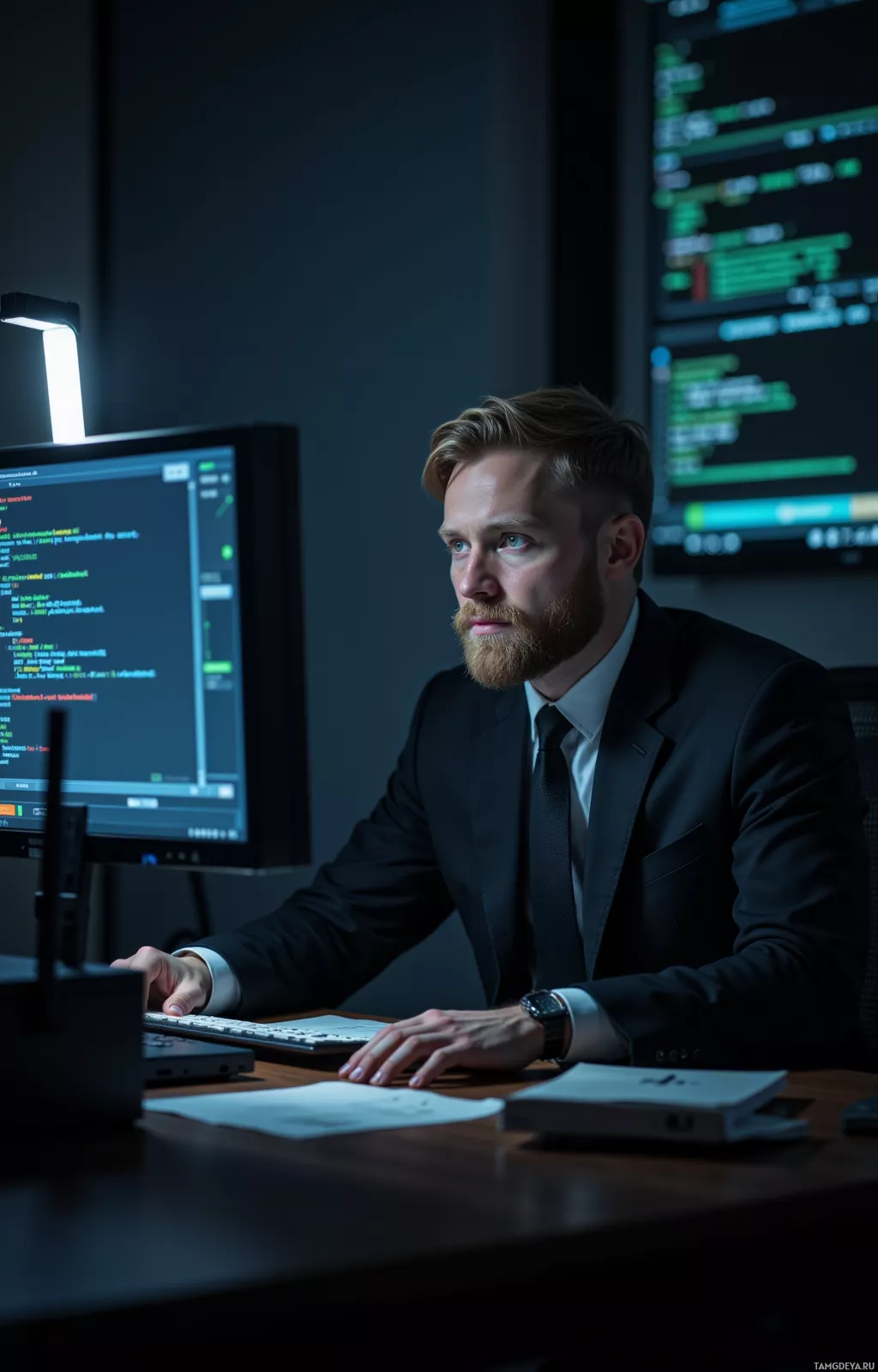 A man in a suit sits at a desk with a computer, appearing focused on the screen.