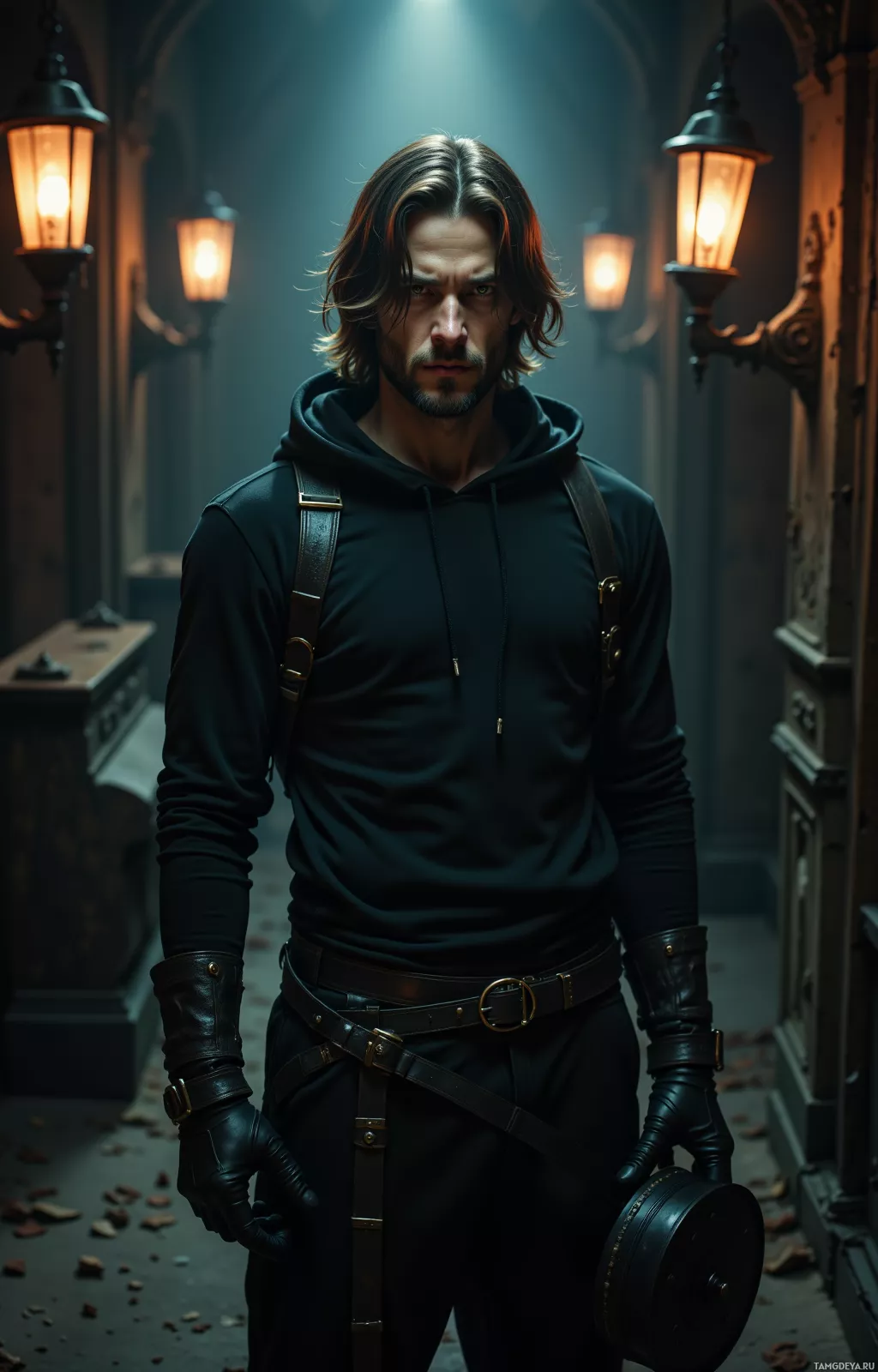 A man in a dark hoodie and leather gloves stands in a dimly lit corridor with lanterns.