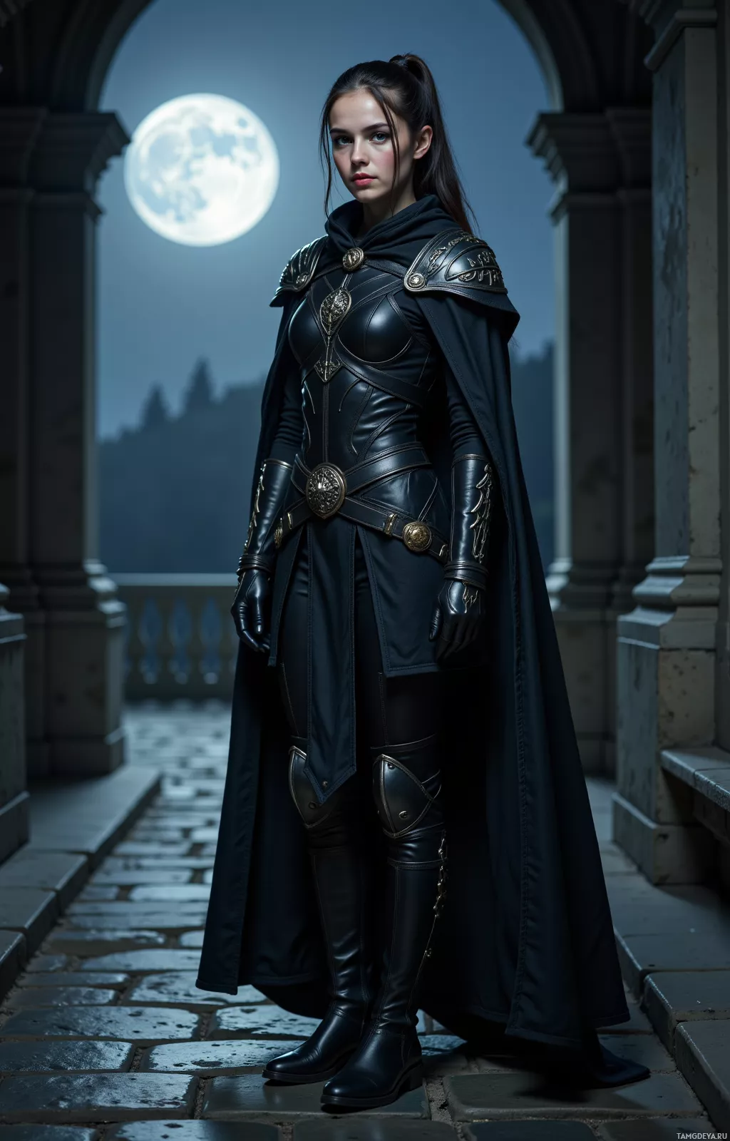 A person in dark, medieval-style armor stands under a moonlit sky.