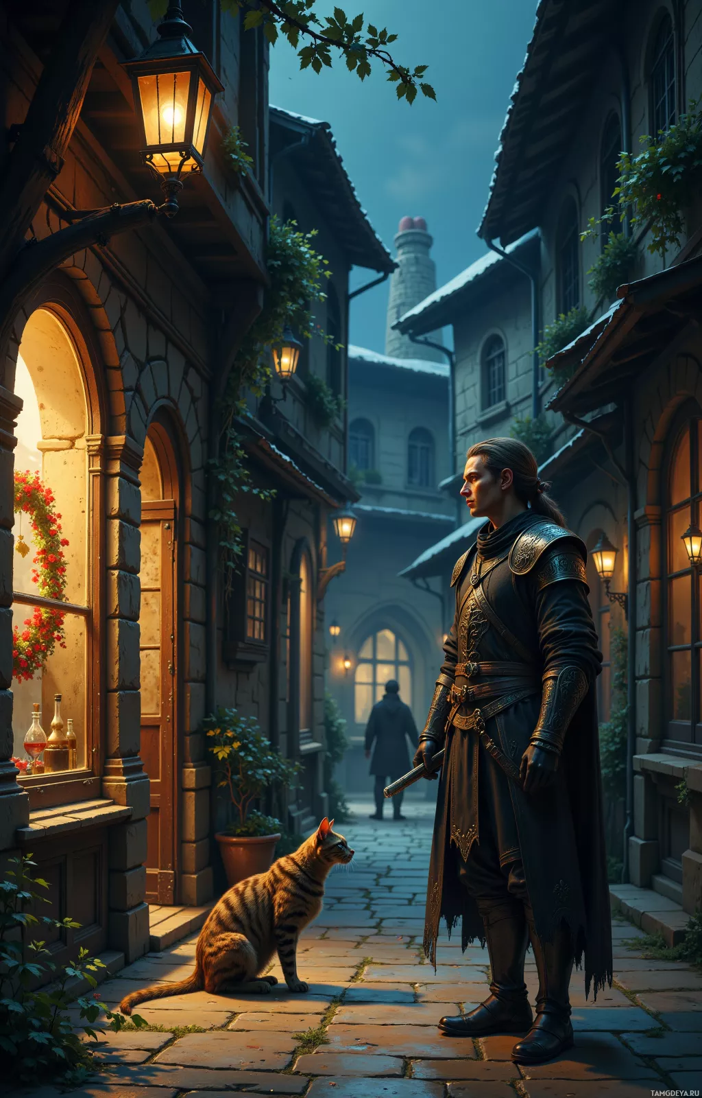 A man in medieval attire stands in a cobblestone alleyway, illuminated by a hanging lantern, with a cat sitting nearby.