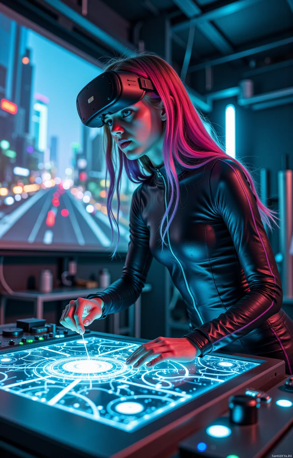 A person wearing a VR headset interacts with a futuristic, illuminated control panel.