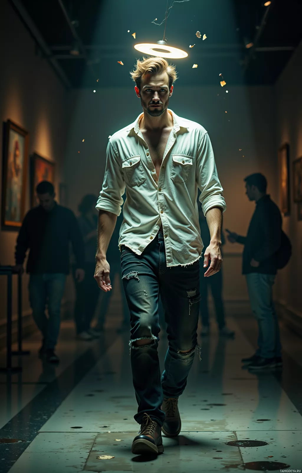 A man in a white shirt and jeans walks down a dimly lit hallway.
