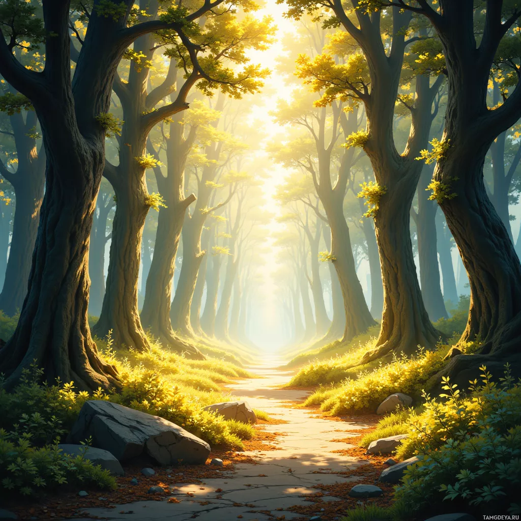 A serene forest path lined with tall trees and bathed in golden sunlight.