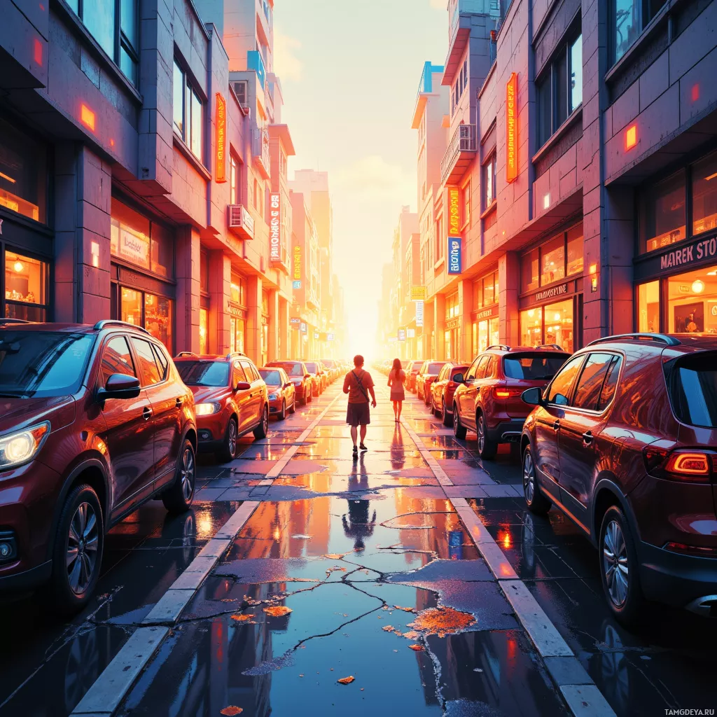 A city street scene with parked cars, wet pavement reflecting the warm glow of sunset, and people walking.