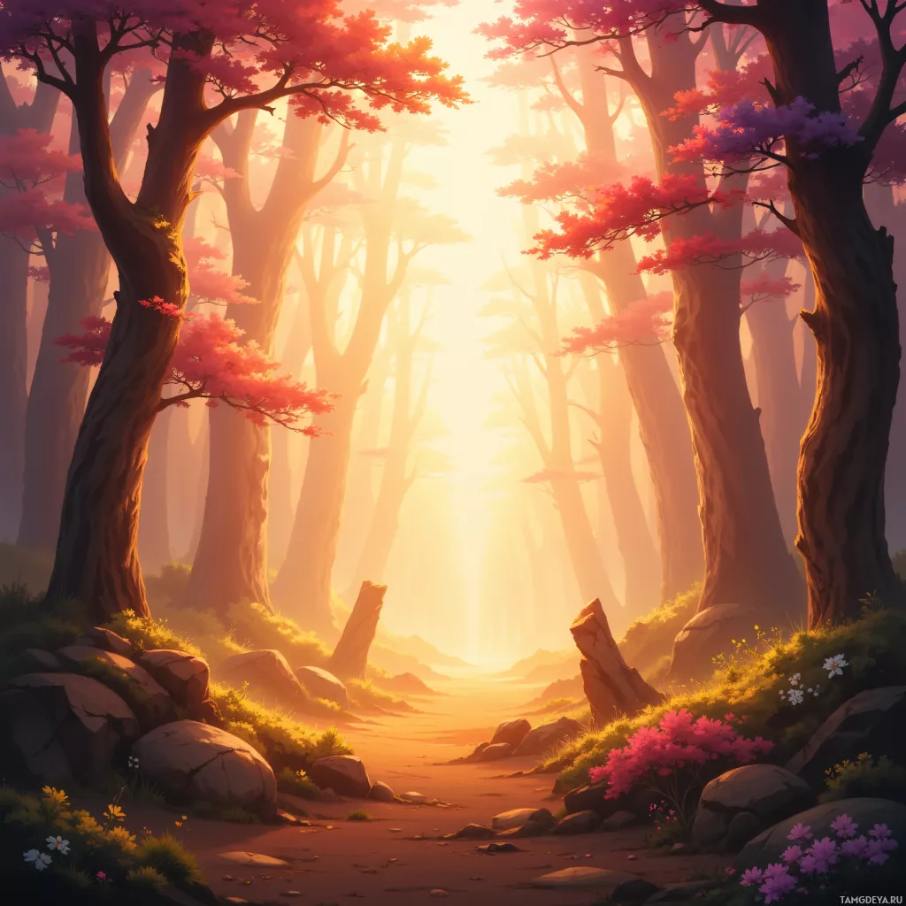 A serene forest scene with tall trees, pink blossoms, and a glowing light source in the distance.