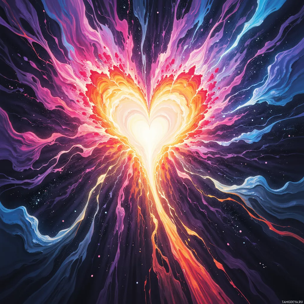 A vibrant, abstract explosion of colors radiating outward from a central point against a dark background.