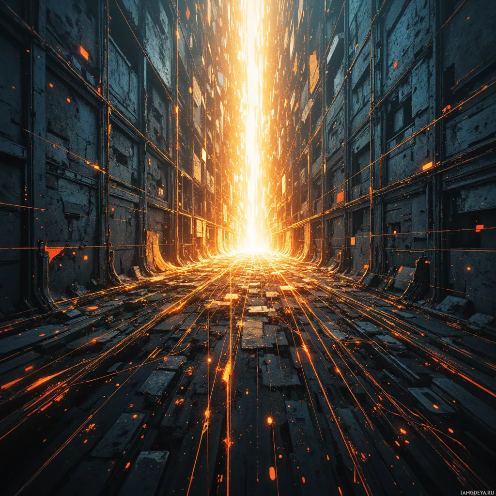 A futuristic corridor with glowing orange light streaks and metallic walls.