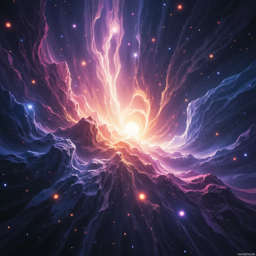 A vibrant cosmic scene featuring a glowing central light surrounded by ethereal, flowing nebulae and scattered stars.