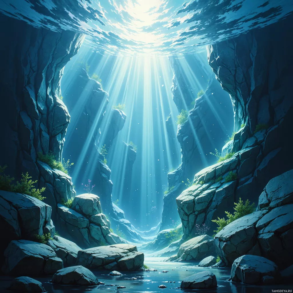 A serene underwater scene with sunlight streaming through a rocky cavern.