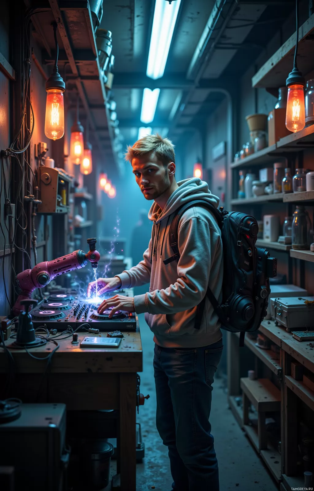 A person in a hoodie stands in a workshop, interacting with a robotic arm.