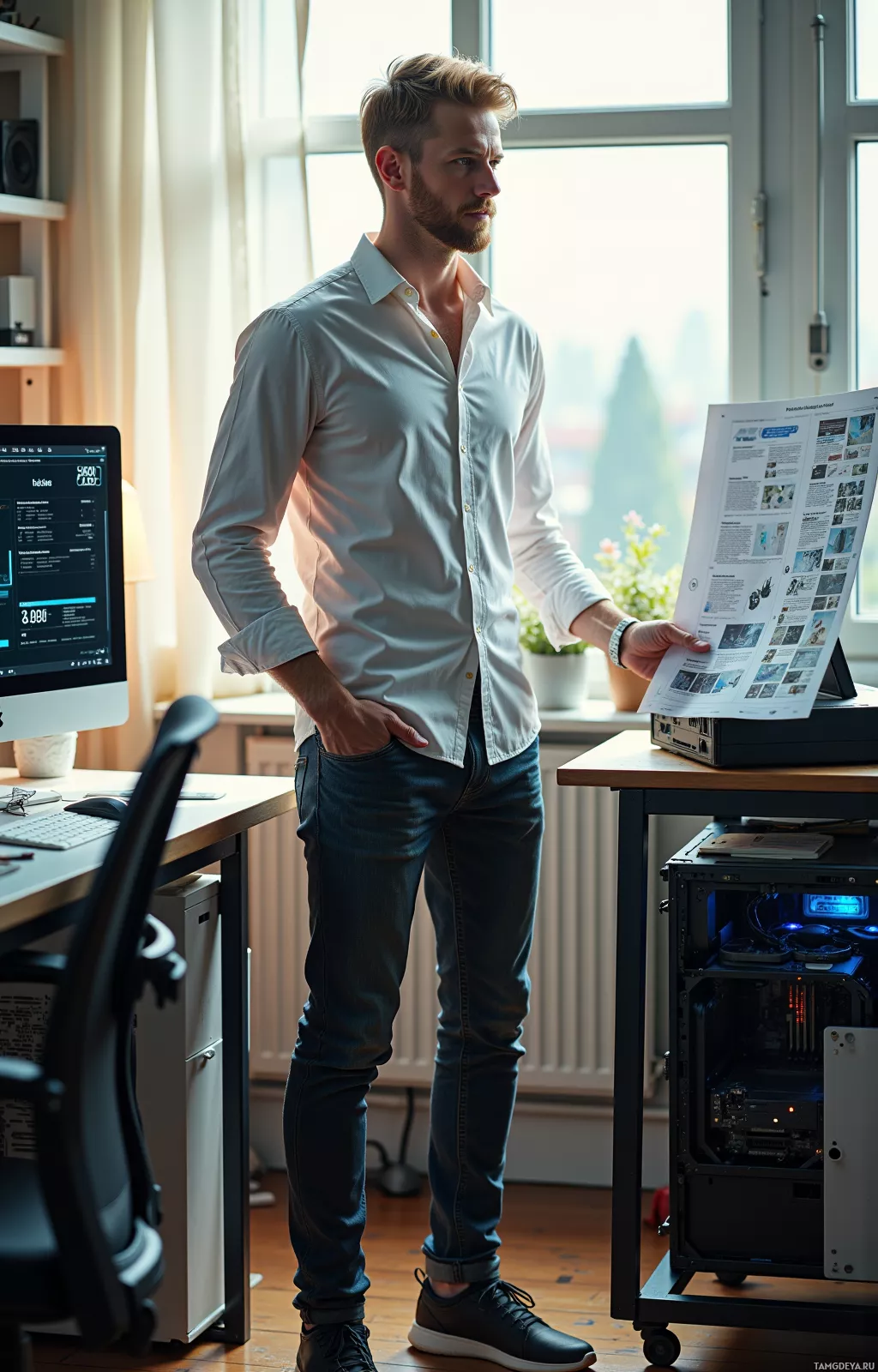 A man stands in a modern office, holding a document, with a computer and desk setup in the background.