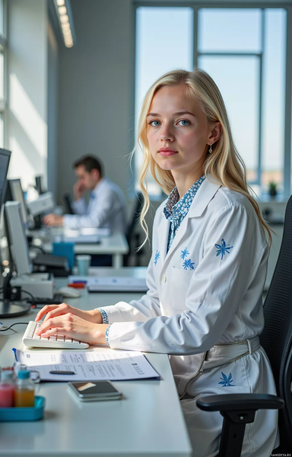 A woman in a white lab coat is seated at a desk, typing on a keyboard.