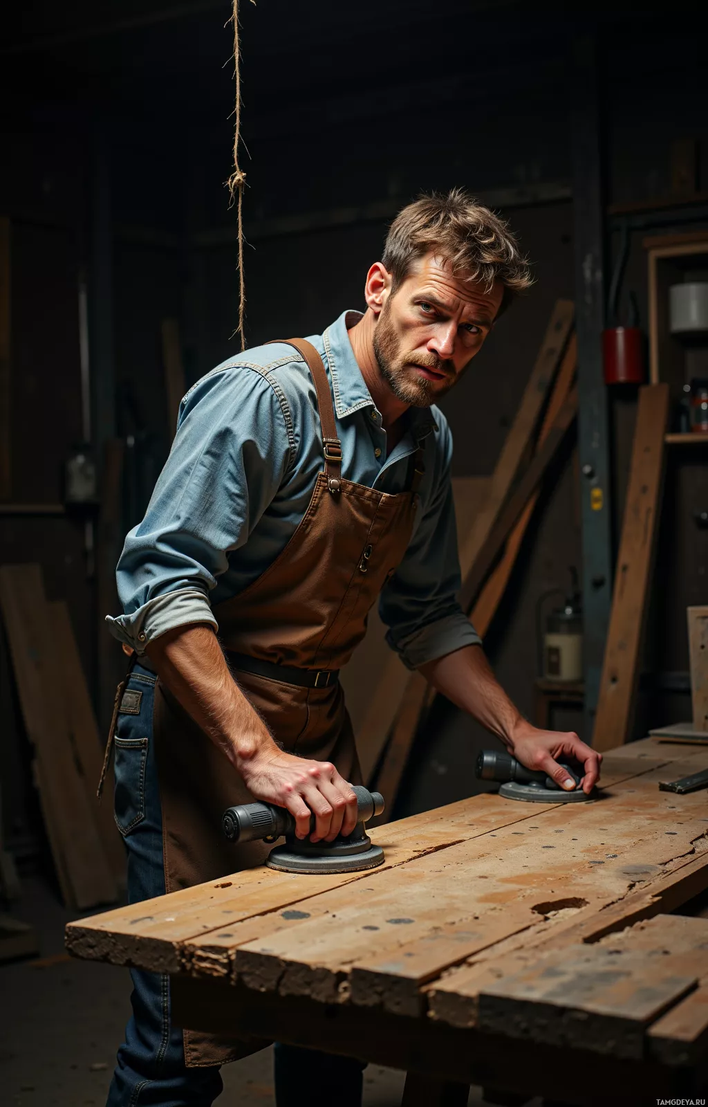 A man in a workshop uses a sander on a wooden surface.