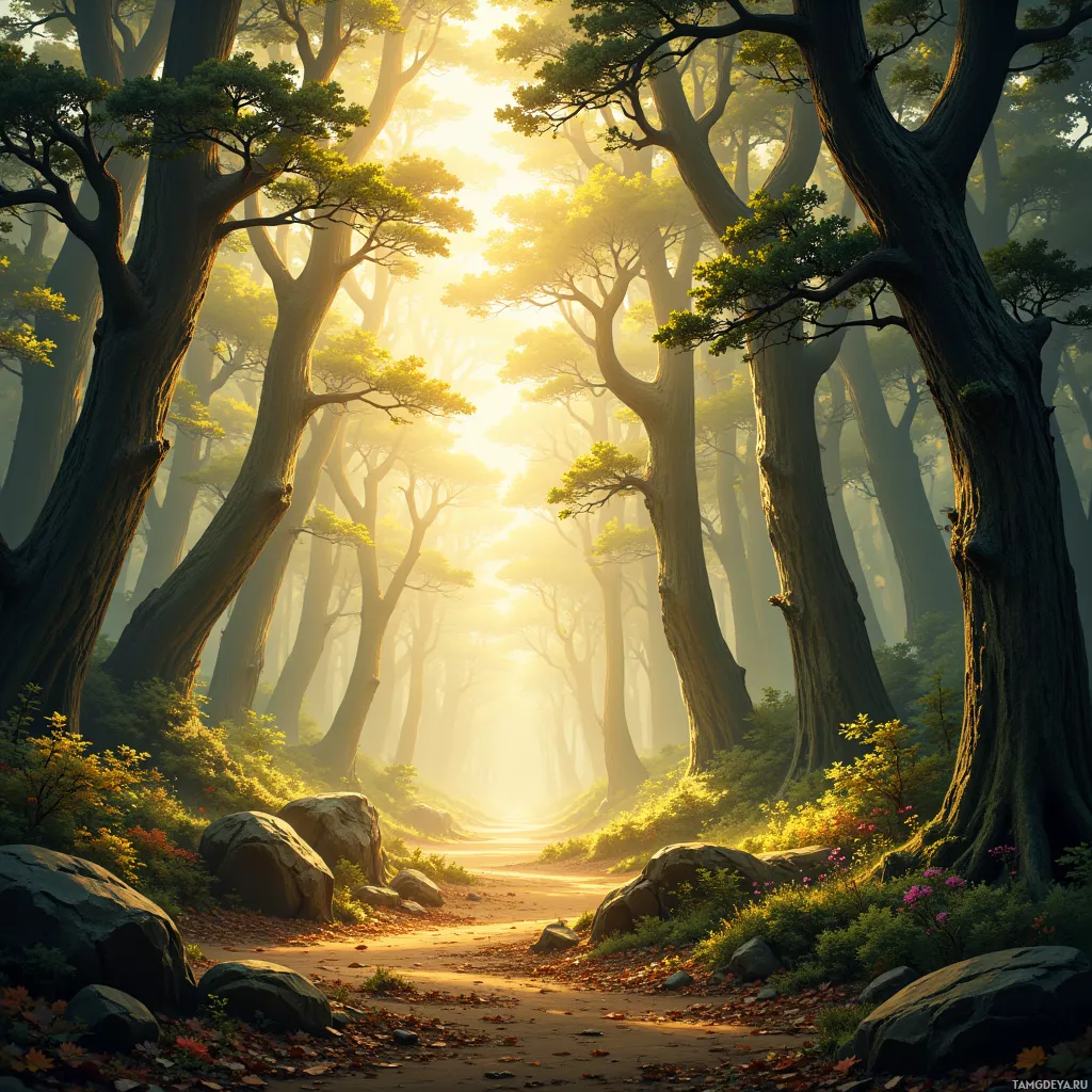 A serene forest scene bathed in golden sunlight filtering through tall trees.