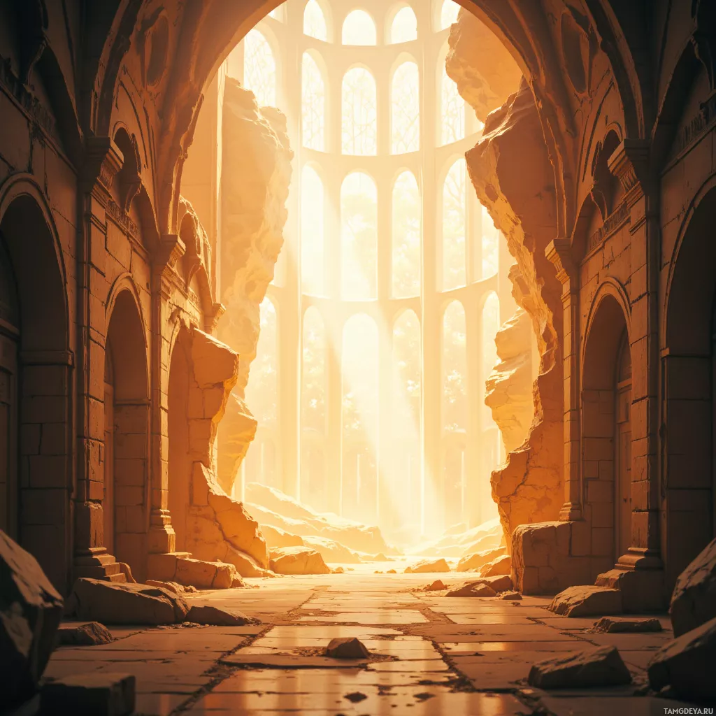 A sunlit, ancient stone corridor with broken walls and arched windows.