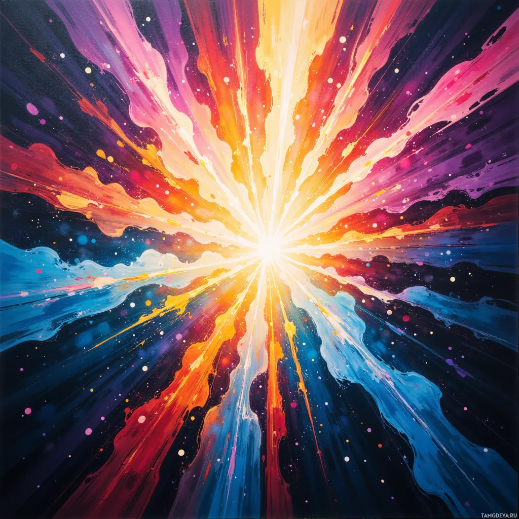 A vibrant explosion of colors radiating outward from a central point against a dark background.