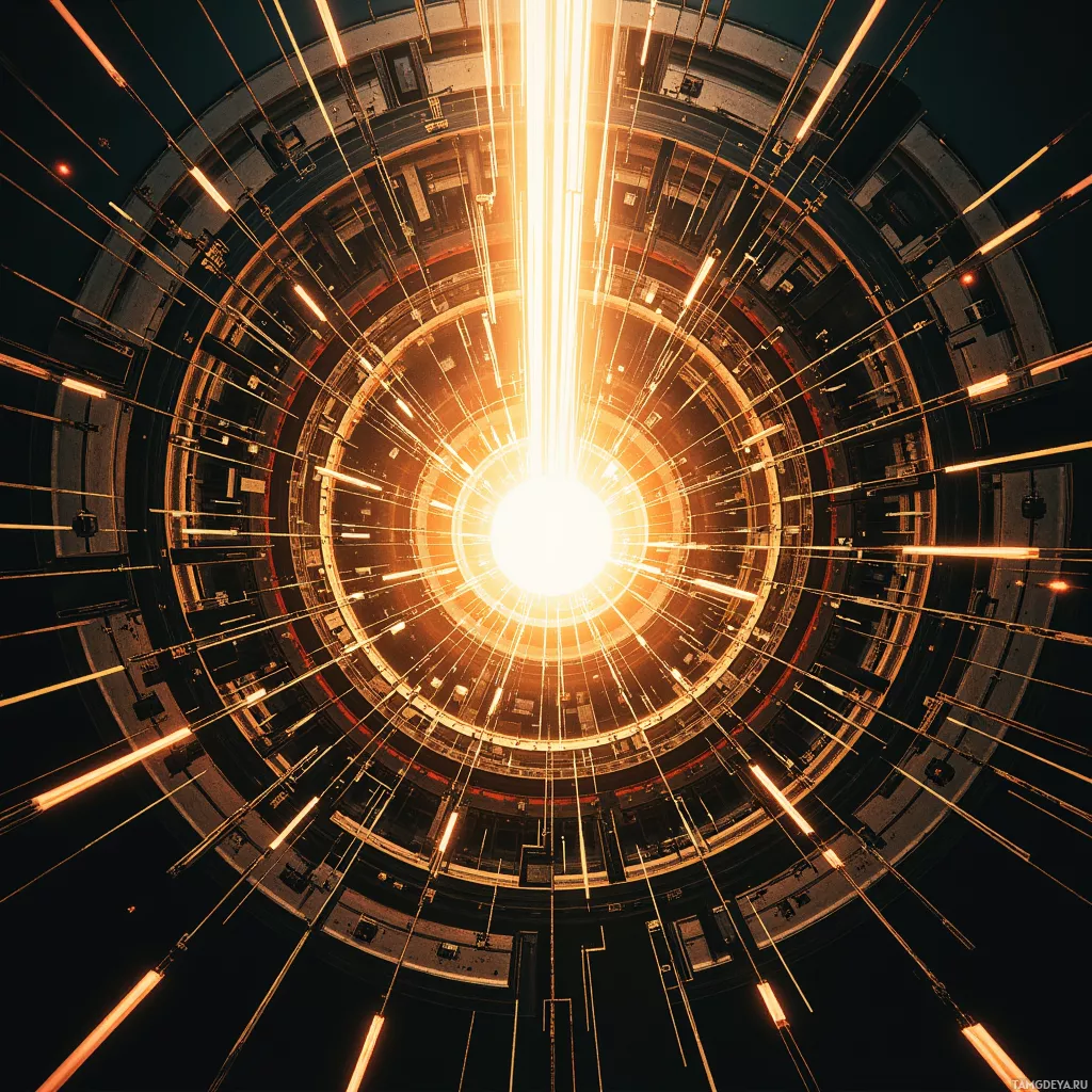 A futuristic circular structure with glowing lines and a bright light at the center.