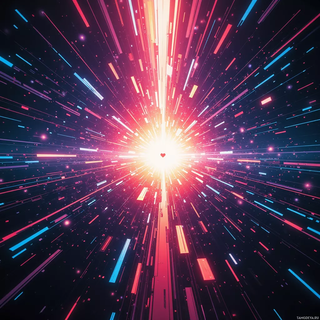 A vibrant, abstract digital artwork featuring streaks of light in red, blue, and pink radiating outward from a bright central point against a dark background.