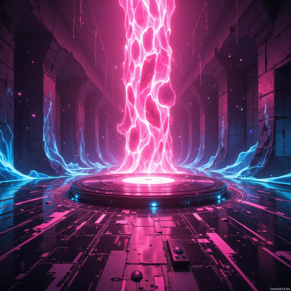 A futuristic, neon-lit chamber with glowing energy pillars and a circular platform.