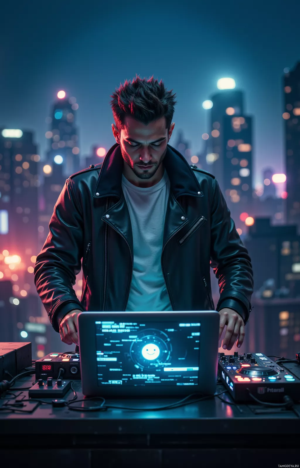 A person in a leather jacket operates a DJ setup with a glowing laptop screen in a cityscape at night.
