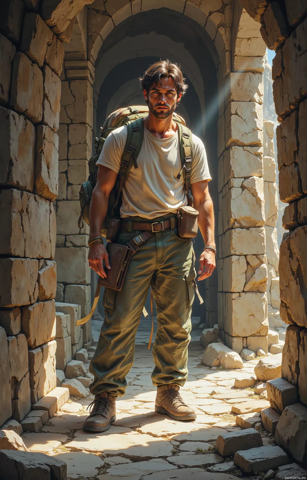 A man in a white shirt and green pants stands in a stone archway, carrying a backpack and holding a book.
