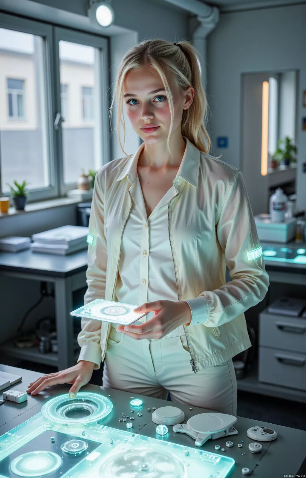 A person in a light-colored outfit stands in a modern, well-lit room, interacting with a futuristic interface.
