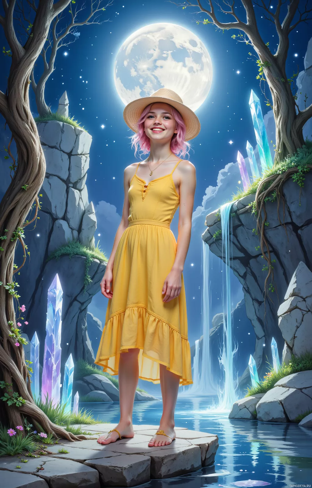 A woman in a yellow dress stands on a stone path near a waterfall, under a full moon and starry sky.