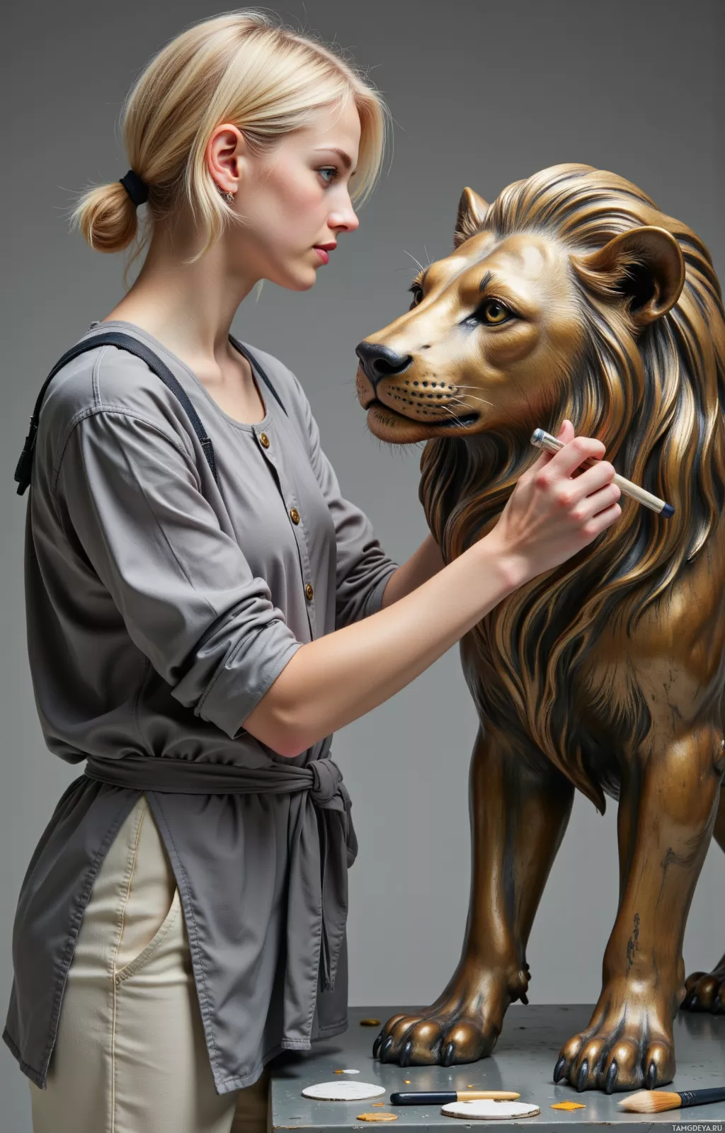 A woman is painting a detailed bronze lion statue.
