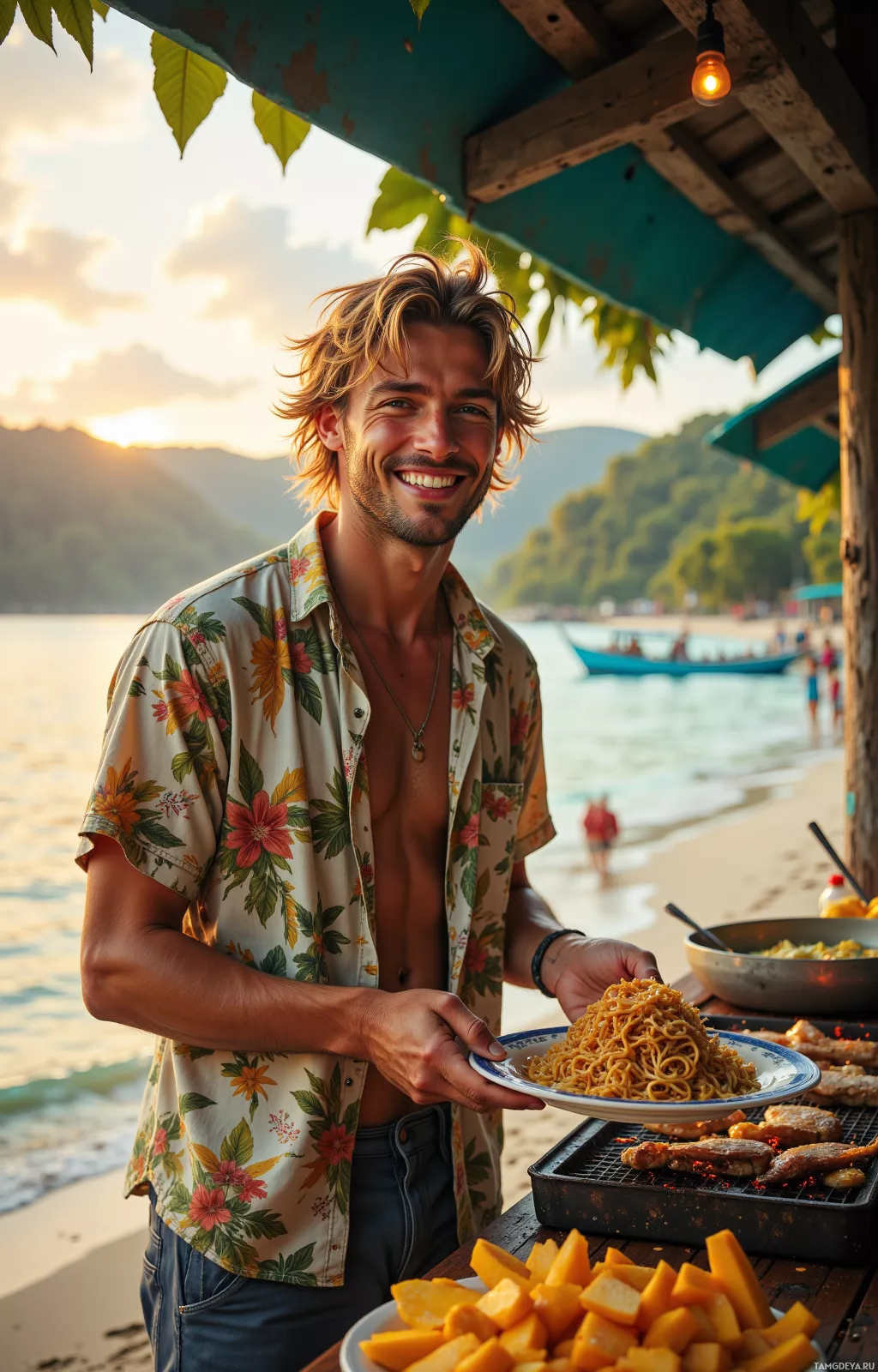A man in a floral shirt holds a plate of noodles on a beach at sunset.