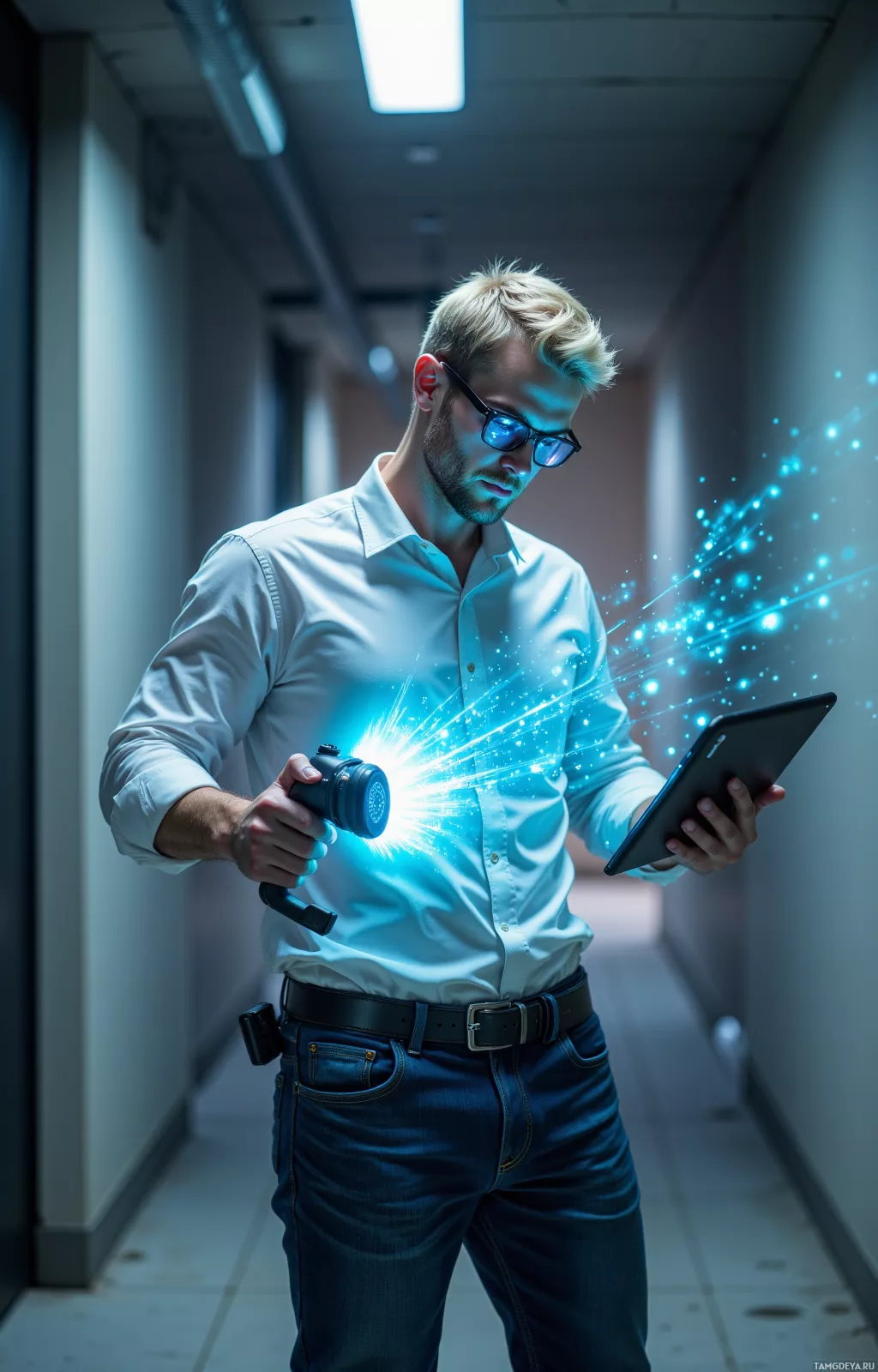 A man in a white shirt and jeans stands in a hallway, holding a camera and a tablet with glowing blue energy effects.