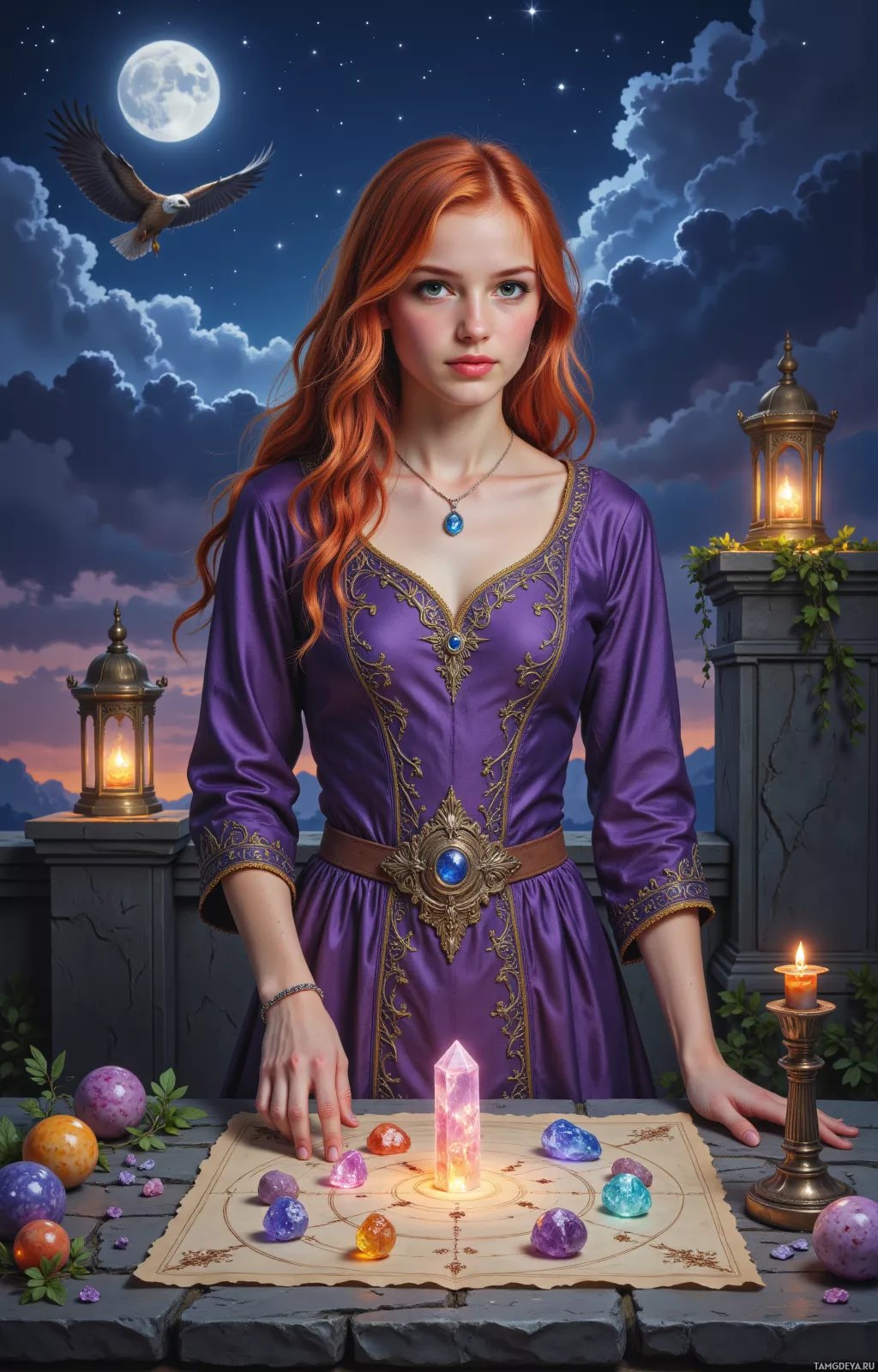 A woman in a purple dress stands beside a table with a crystal ball and various stones, under a night sky with a full moon and an eagle.