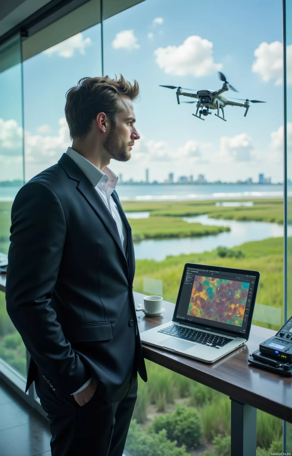 A man in a suit stands by a window, observing a drone flying outside.