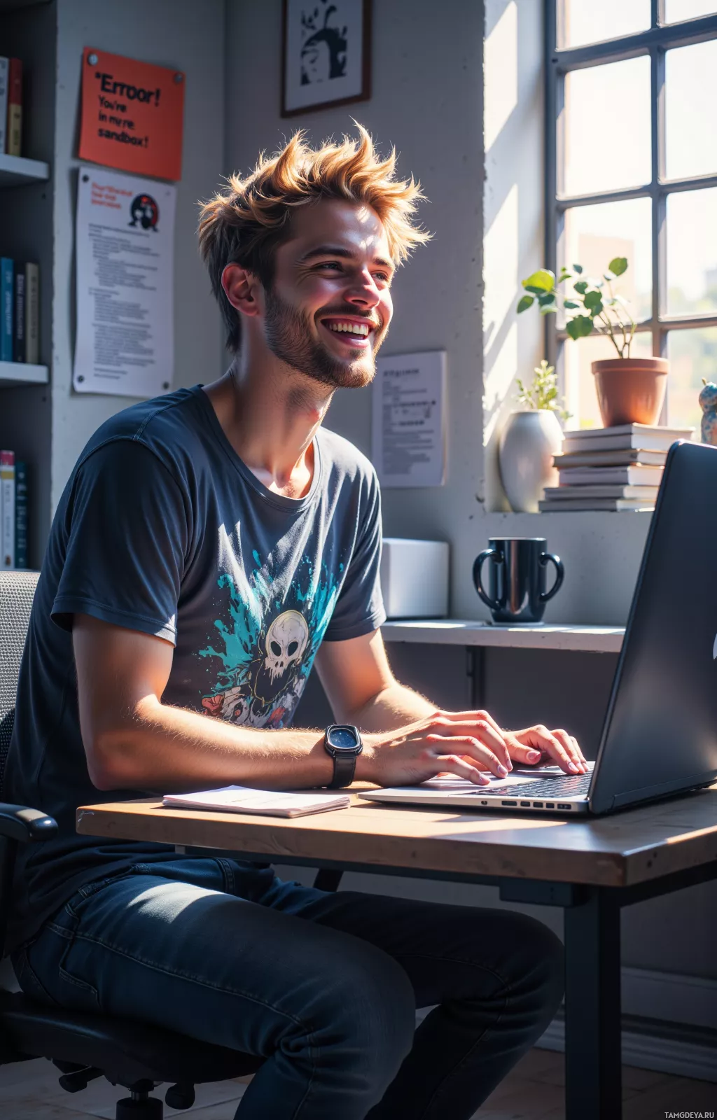 A person is sitting at a desk, smiling, and working on a laptop in a well-lit room.