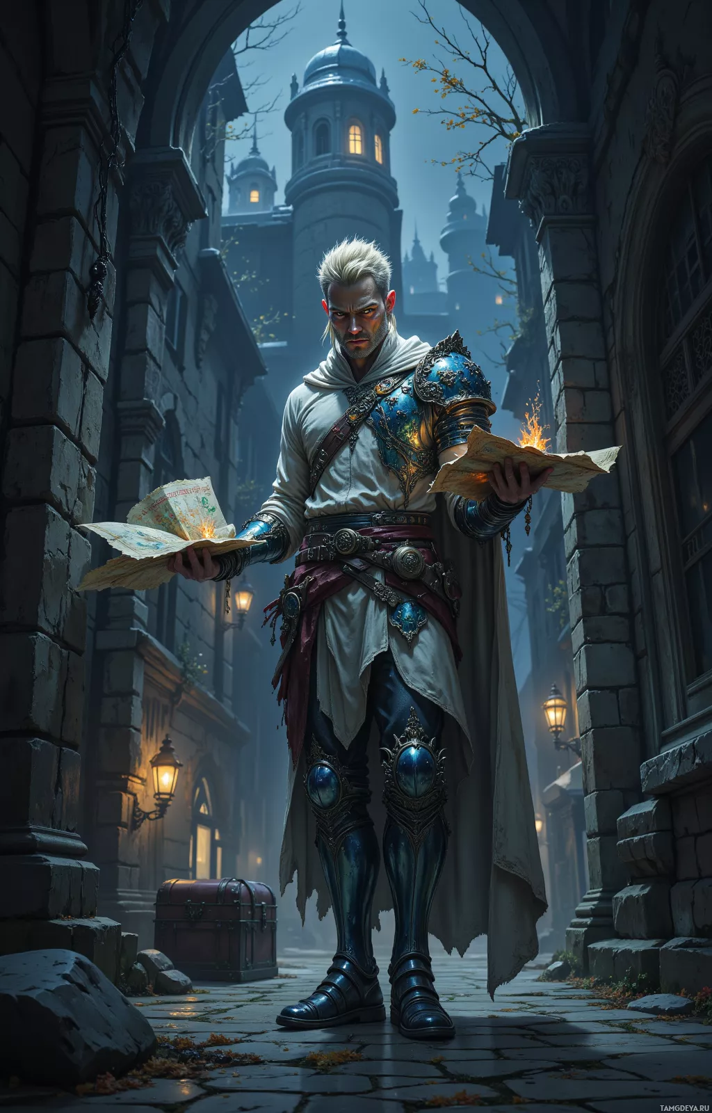 A character in ornate armor stands in a dimly lit alleyway, holding a glowing map.