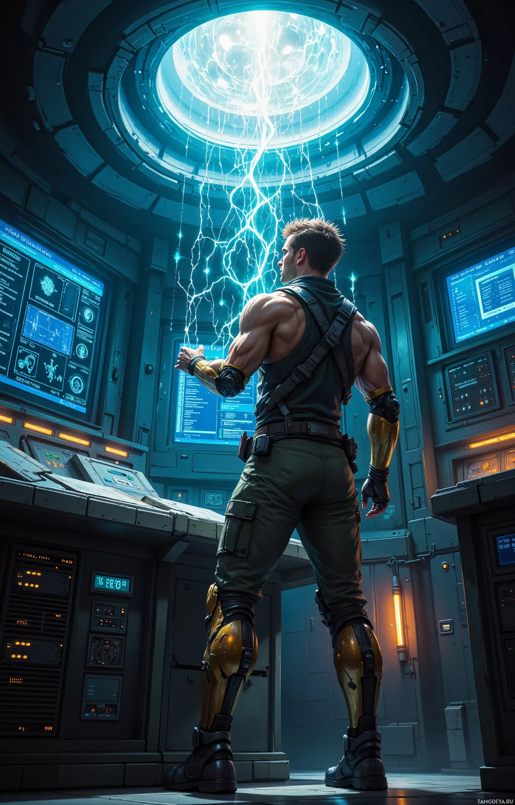 A muscular man in futuristic armor stands in a high-tech control room with glowing screens and a ceiling portal.