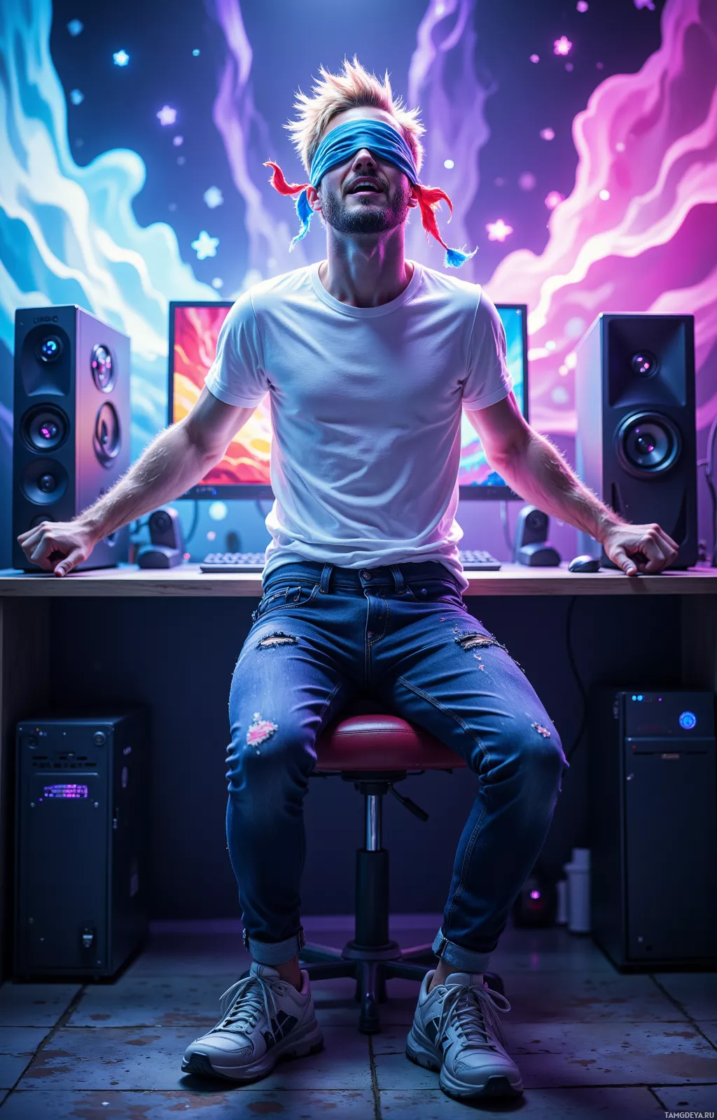 A person wearing a blindfold and casual attire sits on a chair in a room with colorful, futuristic decor.