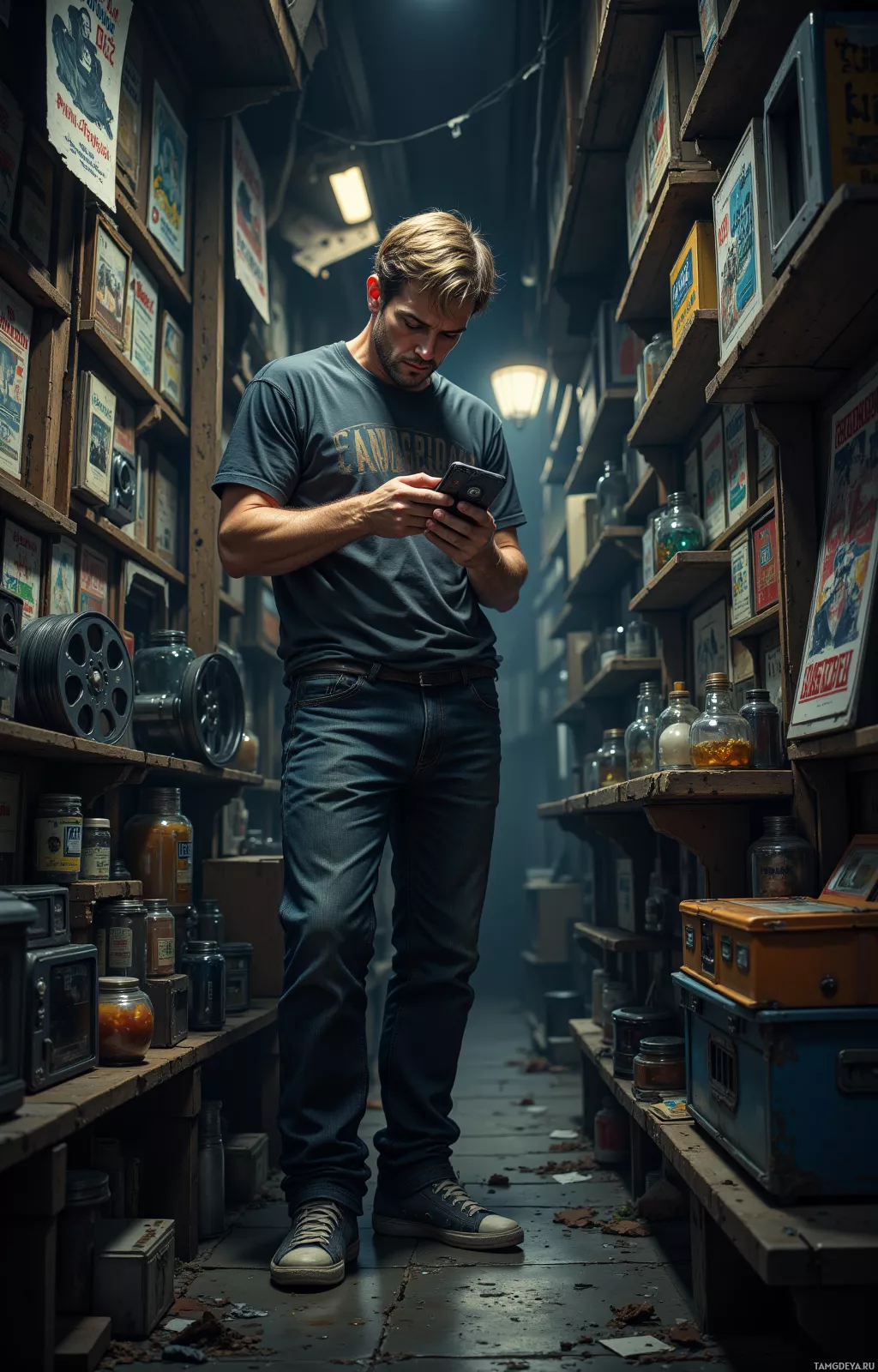 A man stands in a dimly lit alleyway, looking at his phone.