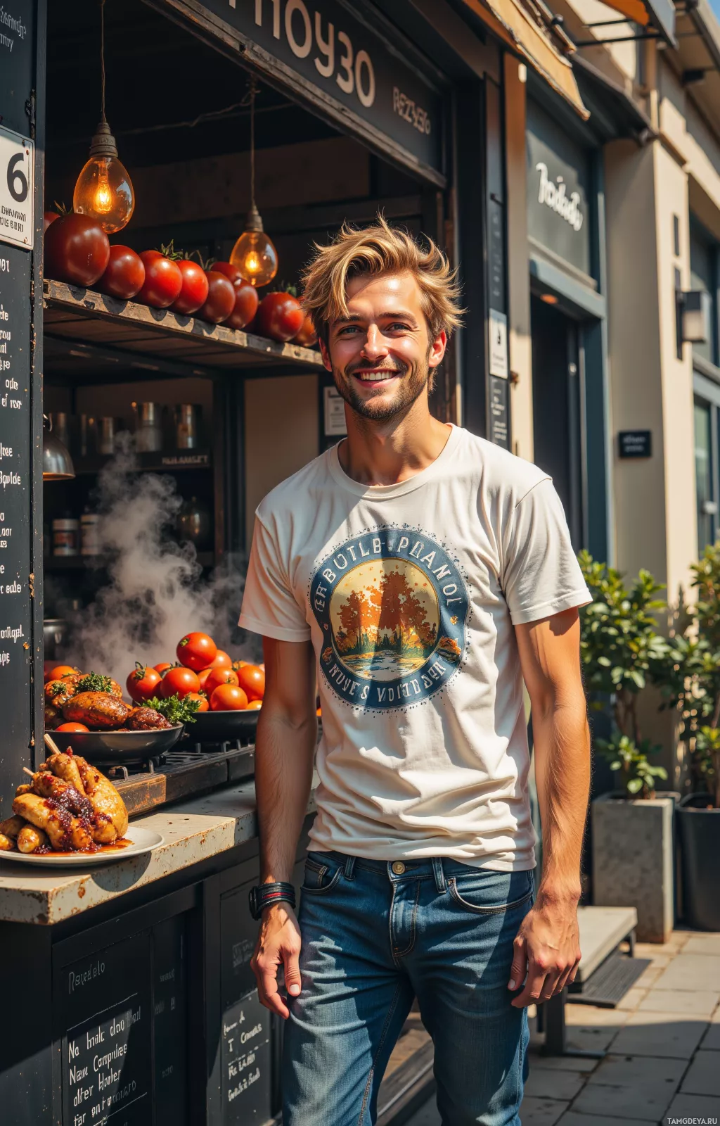 A man stands in front of a food stall, smiling, with tomatoes and sausages visible in the background.