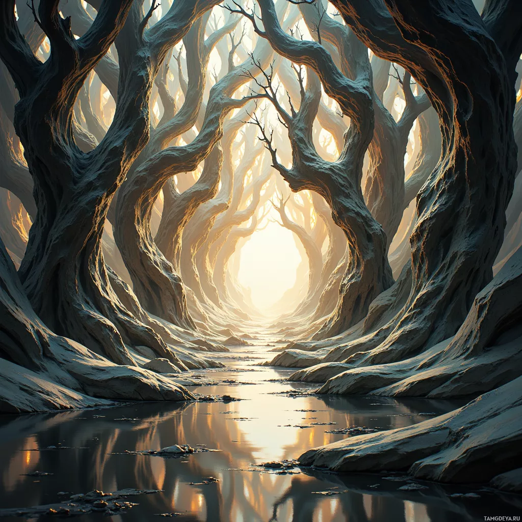 A surreal, ethereal landscape featuring twisted tree branches forming a tunnel-like structure leading to a bright, glowing light at the end.