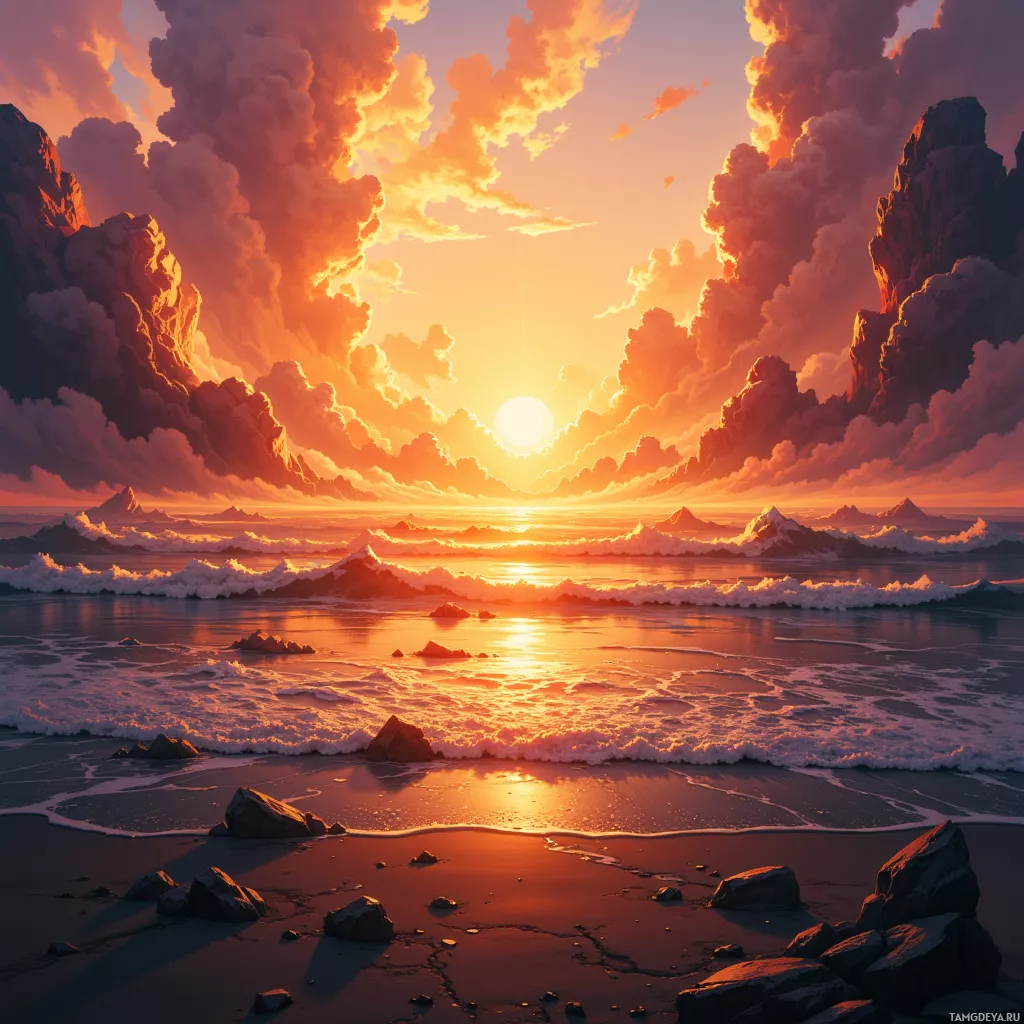 A vibrant sunset over a rocky beach with dramatic clouds and ocean waves.