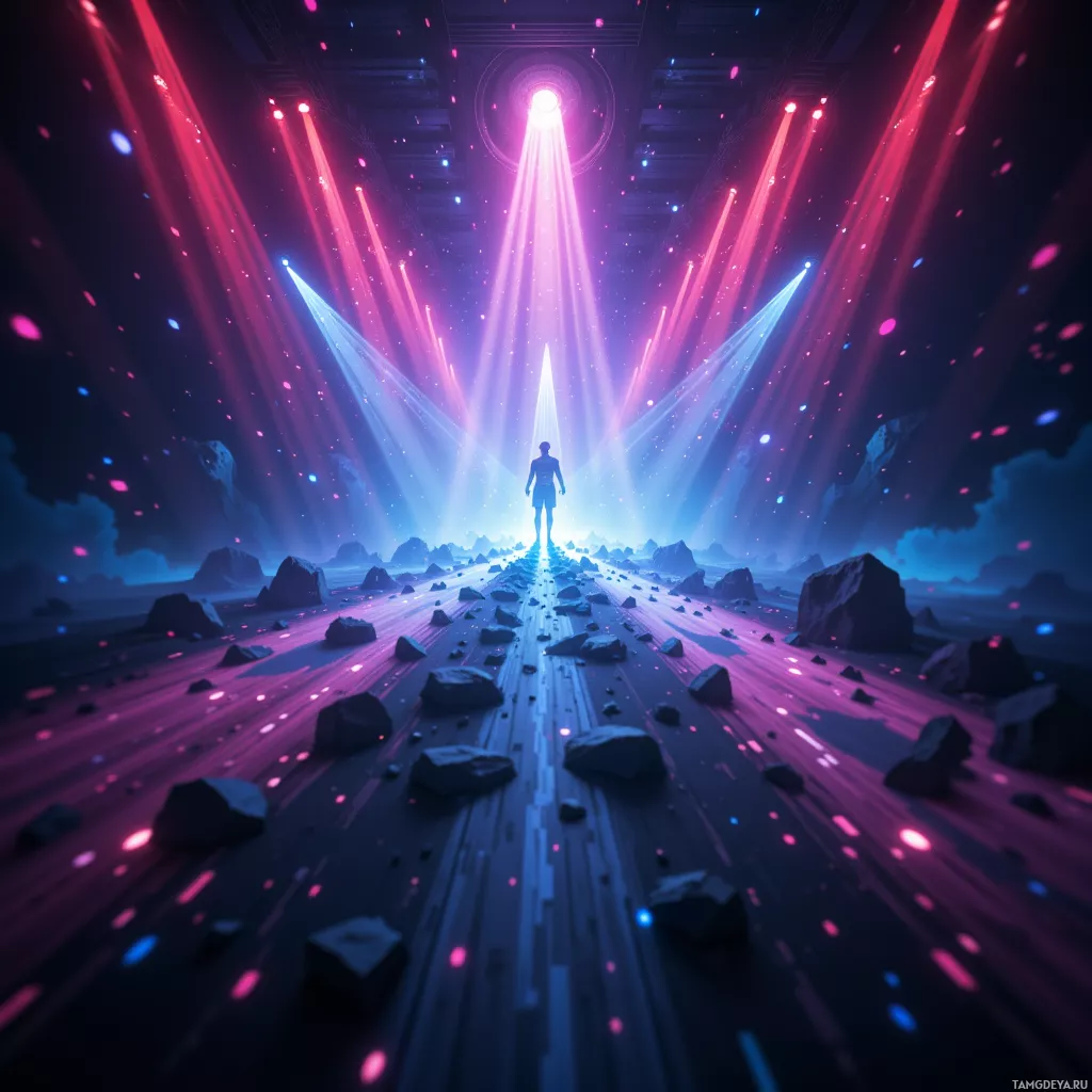 A figure stands at the end of a glowing path leading to a radiant light source in a cosmic landscape.