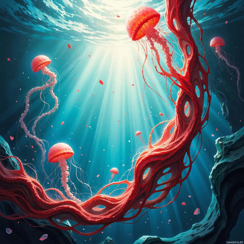 A vibrant underwater scene featuring jellyfish and ethereal light rays.