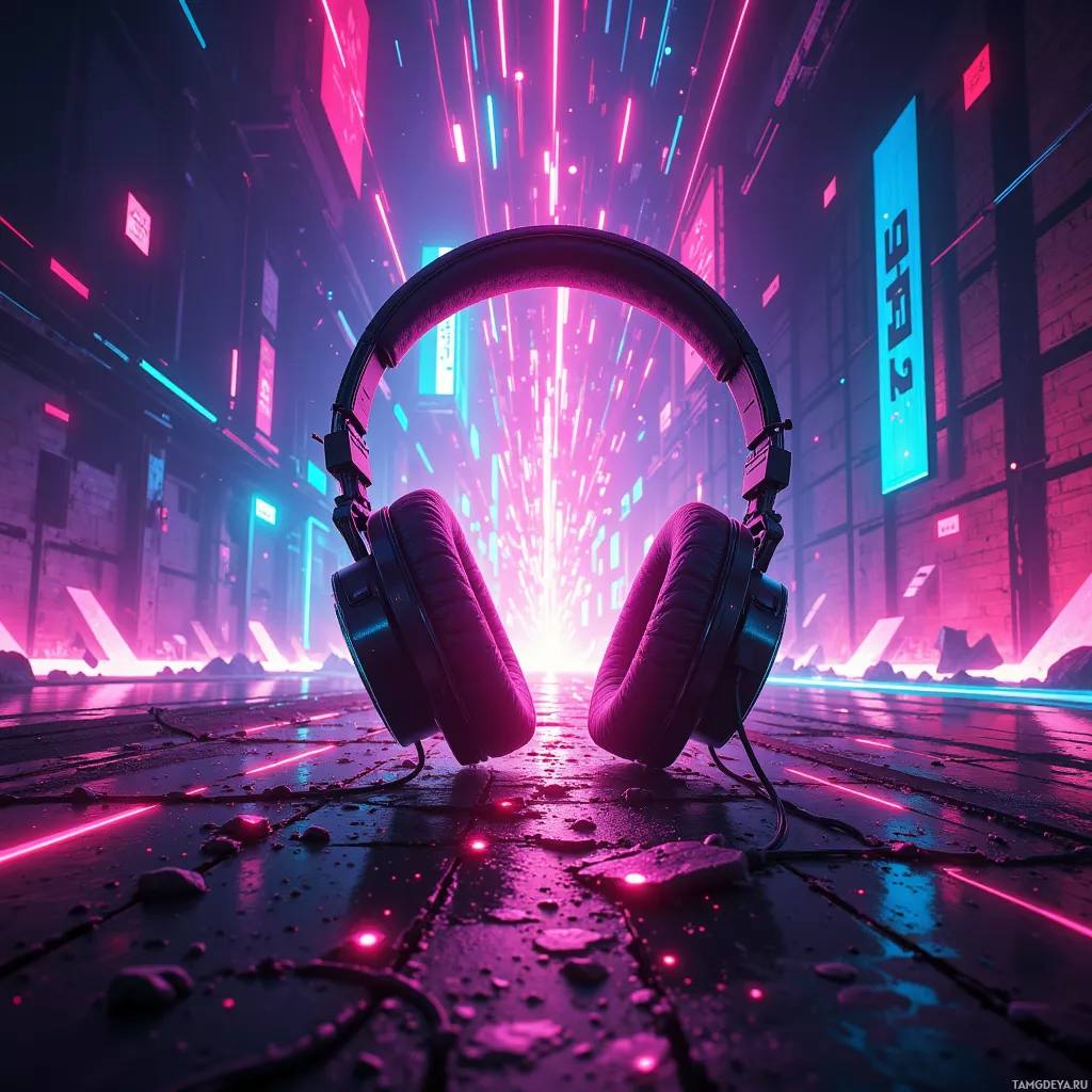 A pair of headphones is placed in the foreground of a neon-lit, futuristic cityscape.