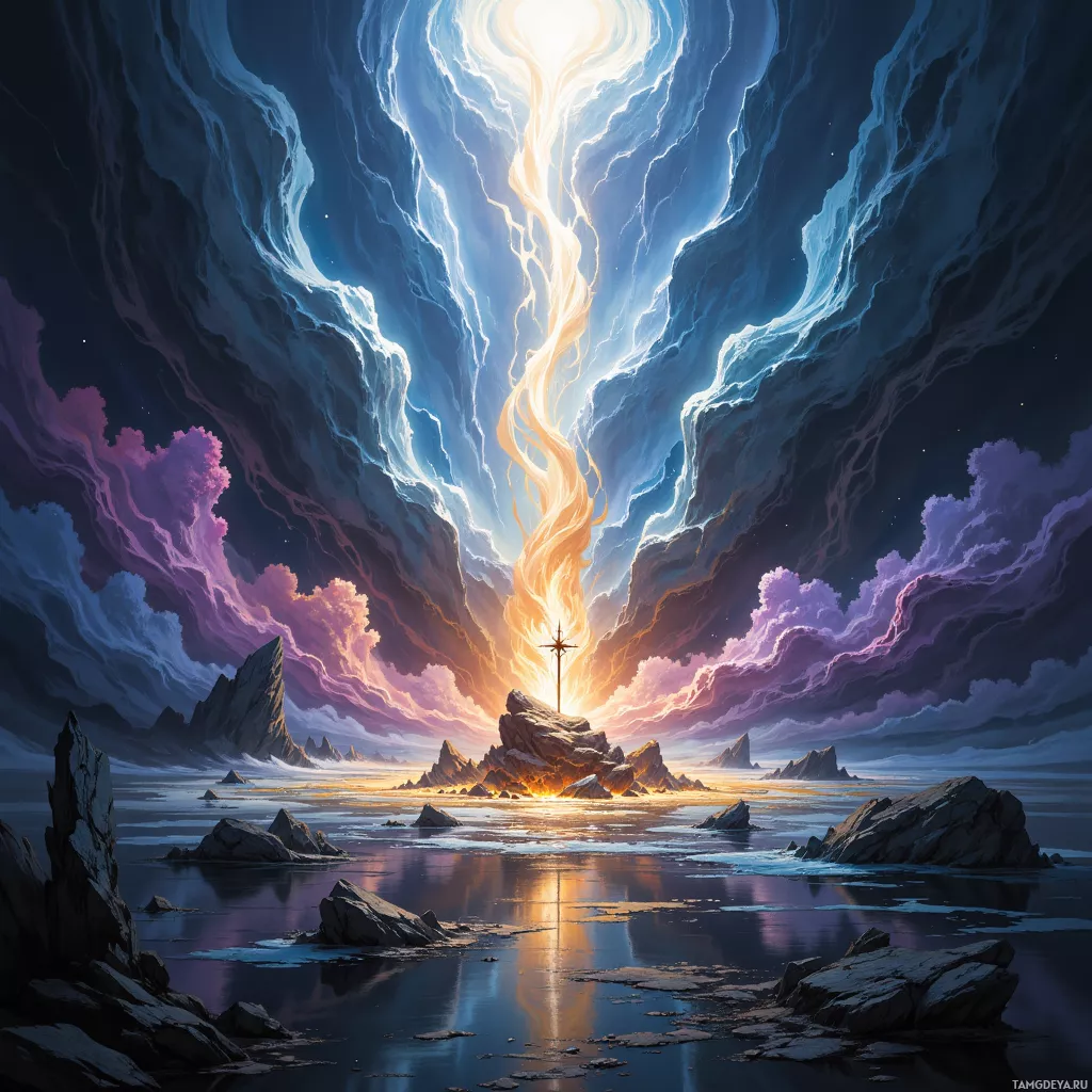 A dramatic sky with swirling clouds and a glowing light beam descending over rocky terrain.