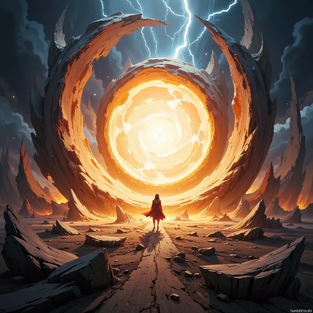 A lone figure stands before a glowing, swirling portal in a desolate, rocky landscape.