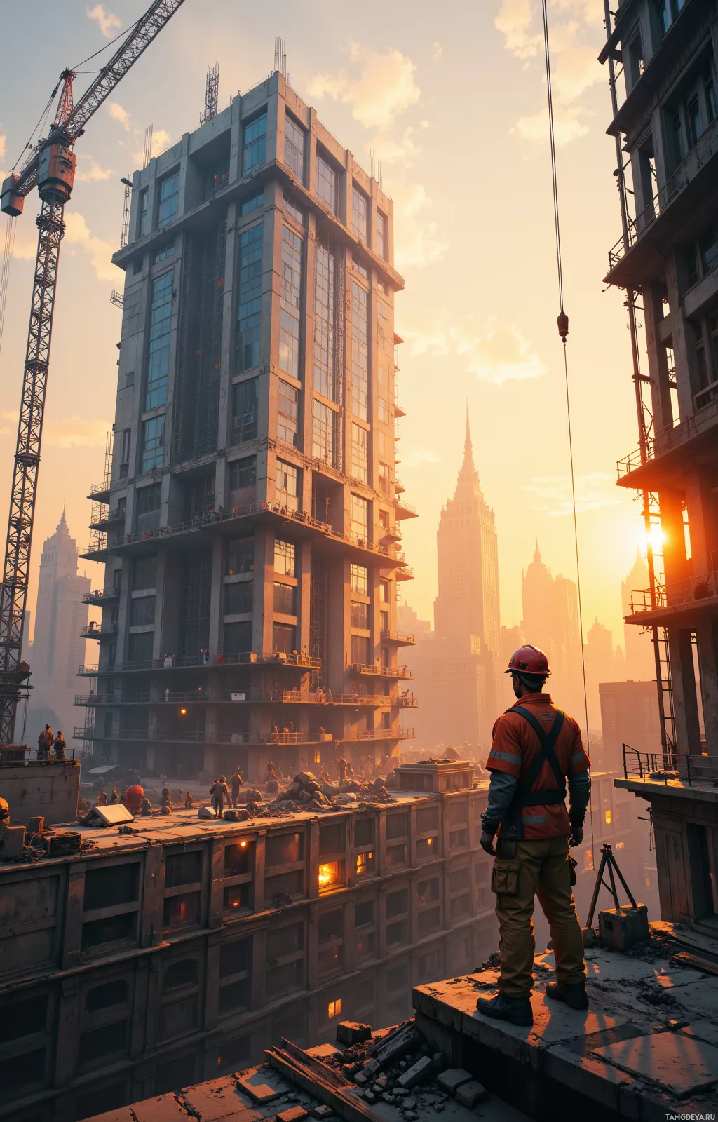 A construction worker stands on a rooftop overlooking a bustling cityscape at sunset.